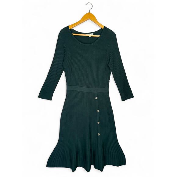 Studio One New York Women's Midi Sweater Dress L Dark Forest Green Ribbed Knit - Picture 2 of 10